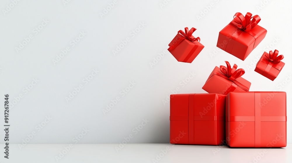 Poster a white background with red boxes flying in the air. the boxes are red and have bows on them. concep