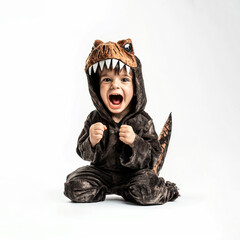 Fototapeta premium Excited child in dinosaur costume roaring with enthusiasm. 