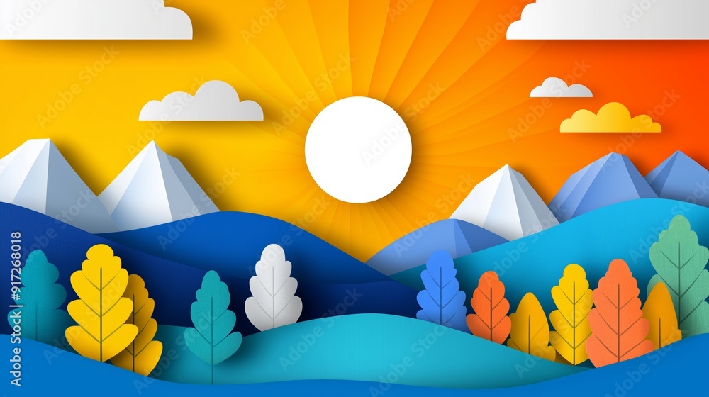 Poster a paper drawing of a mountain landscape with a sun in the sky. the sun is in the middle of the sky a