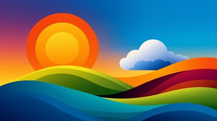 Obraz premium A colorful landscape with a large sun in the sky and a cloud in the background. The sun is positioned above the clouds, creating a sense of warmth and brightness. The vibrant colors of the sky