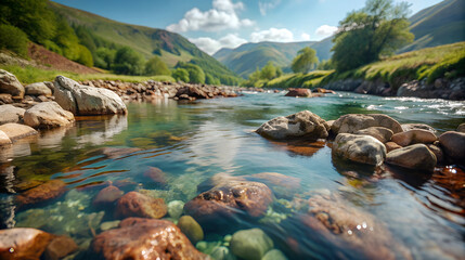 Naklejka premium A clear river flowing gently through a valley with lush greenery and rocky banks under a bright sky