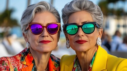 Obraz premium Two women wearing sunglasses and red lipstick pose for a photo. They are wearing yellow and orange outfits