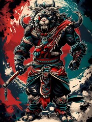 Fototapeta premium A fierce anthropomorphic warrior with animal features, adorned in tribal attire and weapons.
