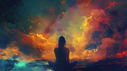 Obraz premium Meditating Figure on Clouds with a Beautiful Sunrise Behind, Evoking Peace and Spiritual Enlightenment