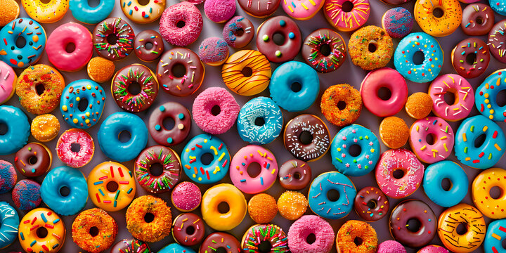 Imagen cenital de donas glaseadas de colores con chispas de colores