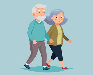 Old senior man and woman walking together arm in arm. Aged grey haired couple