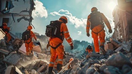 A group of men in orange jumpsuits are walking through a rubble area