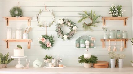 A craft room with a DIY wreath-making station, various themed wreaths hanging on the walls, and crafting supplies organized on shelves