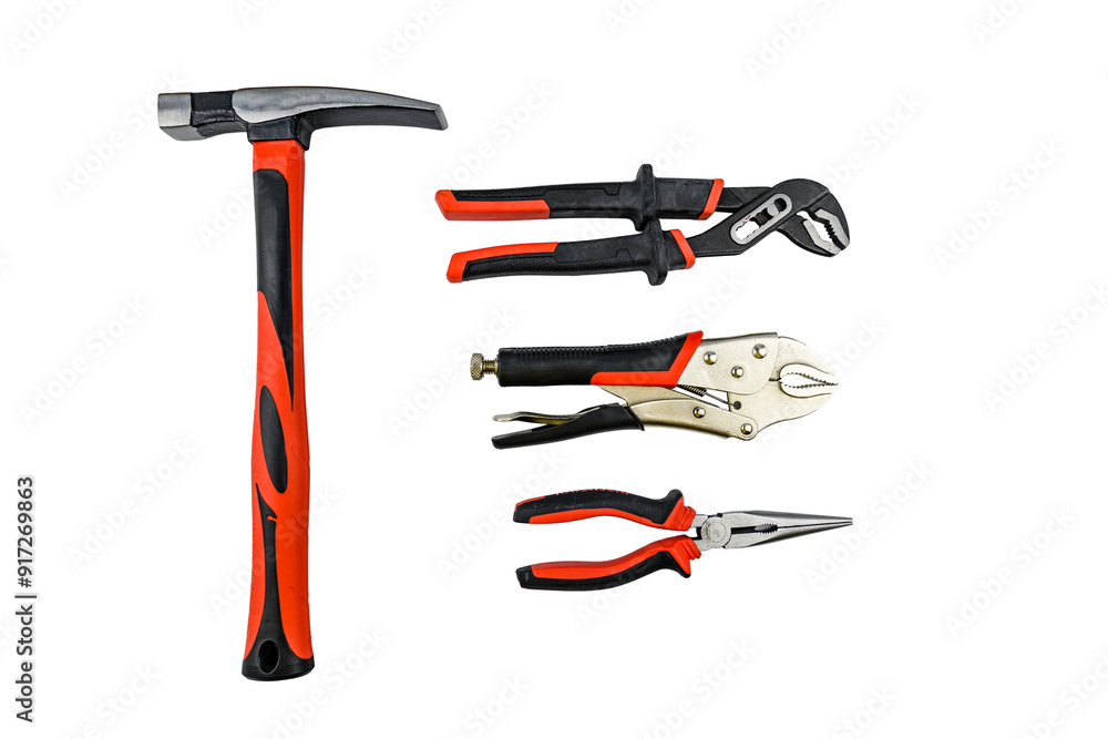 Wall mural hammer, adjustable water pump pliers, needle nose pliers and locking pliers isolated on a white back