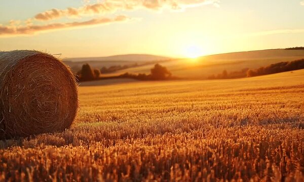 A field with a bale of hay in the foreground