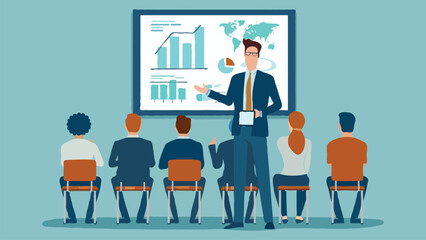 A corporate illustration of a man who teaches other people on white background