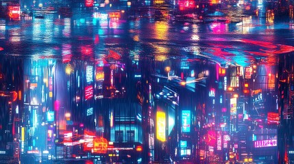 Vibrant neon reflections on wet city streets create a futuristic, colorful cityscape at night, capturing the essence of a cyberpunk world.