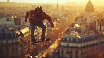 Skateboarder performing tricks with Montmartre in the background, Paris, skateboarding