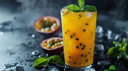 Refreshing Iced Passion Fruit Juice with a Misty Glass and Vibrant Yellow Color, Featuring a Blurred Tropical Resort Backdrop

