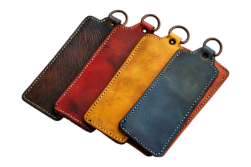 A collection of colorful leather tags showcasing craftsmanship and design, ideal for personalization and storage solutions, isolated on transparent background.