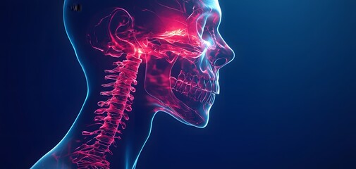 Illustration of Jaw Pain Highlighted in Red on a Blue Background, Signifying Neural or Muscular Discomfort