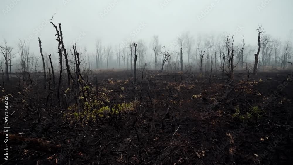 Poster a forest with dead trees and a foggy sky. scene is somber and desolate