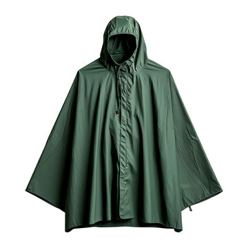 Green rain poncho ideal for outdoor activities, offering protection from rain and wind while enabling comfort and mobility, isolated on transparent background.