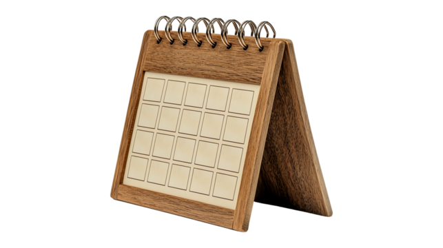 Wooden calendar with a spiral binding, isolated on transparent background. - Powered by Adobe