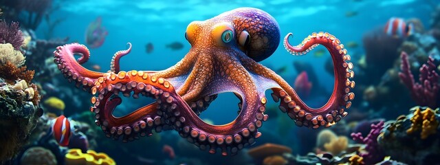 Obraz premium A vibrant octopus swimming gracefully in the colorful coral reef