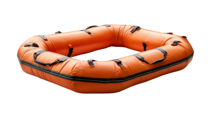 Orange life raft designed for safety and rescue operations. Durable and ready for marine adventures or emergencies, isolated on transparent background.