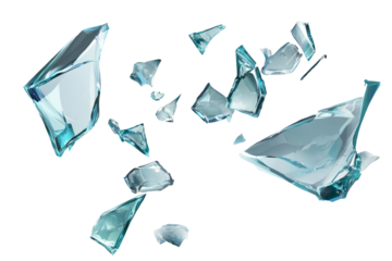 Smashed glass pieces, floating in mid-air, white background