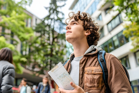 Young student exploring campus at the start of the school year.