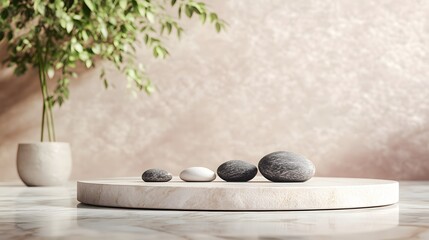 Beige marble podium with stones for product presentation