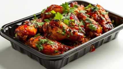 Fototapeta premium Black plastic rectangular container with Thai spicy chicken wings and sticky rice, isolated on a white background, side view, food photography, delicious, studio shot, shadows from the sun, zoom out