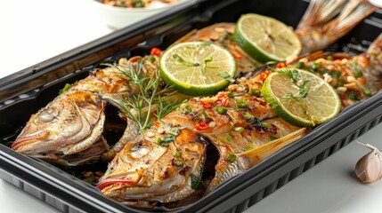 Black plastic rectangular container with Thai steamed fish with lime and garlic, isolated on a white background, side view, food photography, delicious, studio shot, shadows from the sun, zoom out