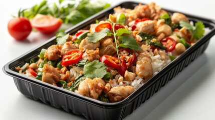 Black plastic rectangular container with Thai chicken larb and sticky rice, isolated on a white background, side view, food photography, delicious, studio shot, shadows from the sun, zoom out