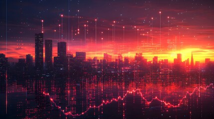 Fototapeta premium Cityscape at Night with Neon Lights and Red Sky.