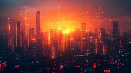 Fototapeta premium Cityscape with Digital Network and Red Glow.