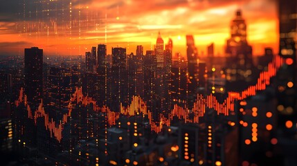 Fototapeta premium Cityscape with Stock Market Chart at Sunset.