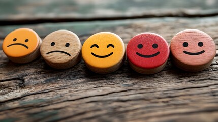 Hand-chosen smiley face icon on a wooden circle