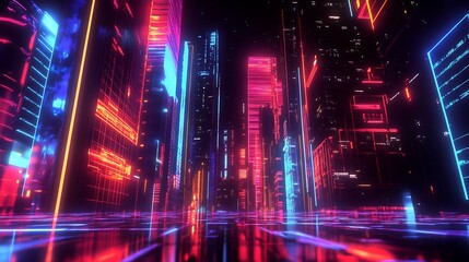 Fototapeta premium A Futuristic Cityscape with Neon Lights and Reflective Streets