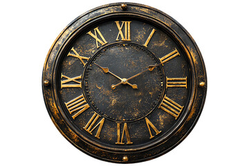 Vintage wall clock with Roman numerals, showcasing an antique design and a rustic finish, isolated on transparent background.