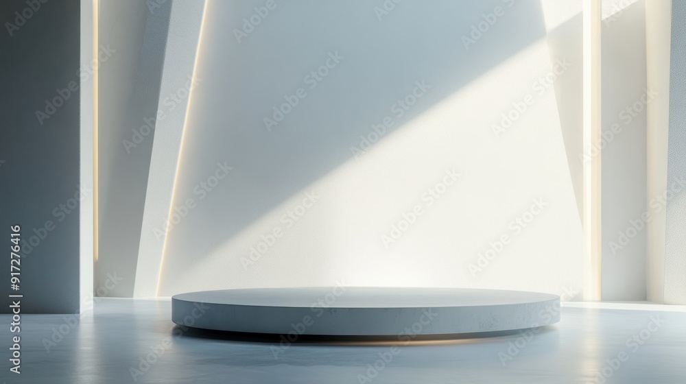 Poster futuristic 3d geometric podium with floating elements in minimalist setting for product promotion