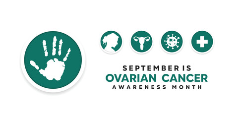 National Ovarian Cancer Awareness Month. Hand, women, vagina, cancer and plus icon. Great for cards, banners, posters, social media and more. White background.

