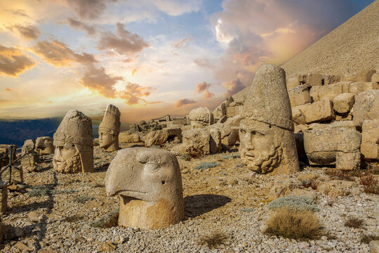 Nemrut has giant sculptures and reliefs were built on the monumental tomb made for Antiochus I the King in Turkey,