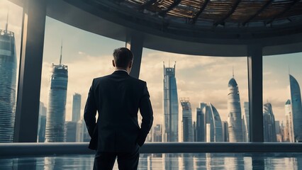 Fototapeta premium Successful businessman In Future High Tech City Background, corporate business People