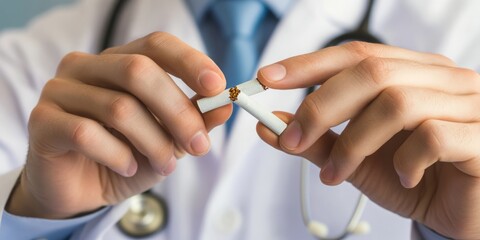 Empowering Health Message: Doctor Demonstrates Smoking Cessation by Breaking a Cigarette, Advocating for a Smoke-Free Life