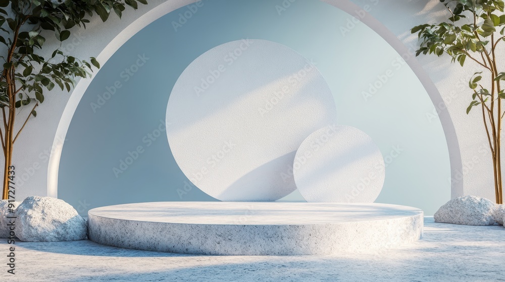 Poster modern 3d abstract podium with geometric shapes and floating elements on minimalist background for m