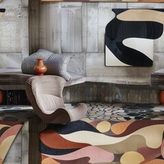 Abstract Interior Design with Geometric Shapes and Patterns.