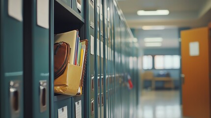 A focused view of school lockers showcasing organized files and personal items in a bright hallway.