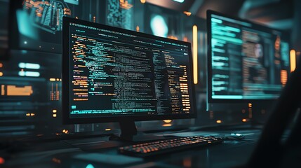 A modern workstation featuring dual monitors displaying vibrant code, representing technology and programming.