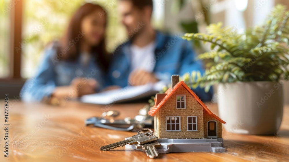 Poster A couple is sitting at a table with a house model and a key on it