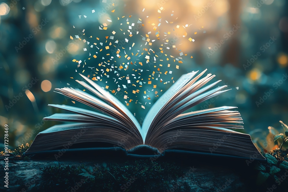 Aufkleber an enchanting open book surrounded by glowing particles in a mystical forest setting, inviting imagi