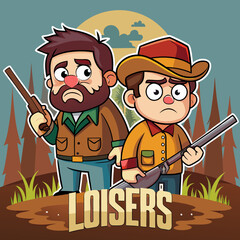 Hunters losers. Cartoon illustration of a hunters with a sad expression