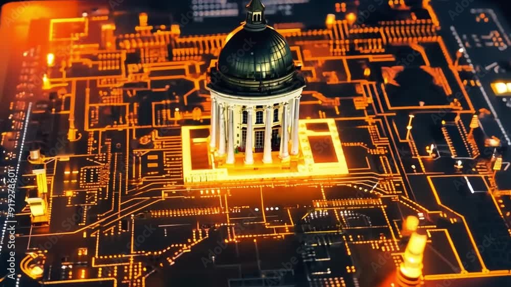 Poster a miniature stock exchange set on a computer chip. perfect for illustrating the integration of finan